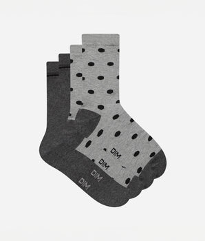 Pack of 2 pairs of women's socks grey with large polka dots Dim Coton Style