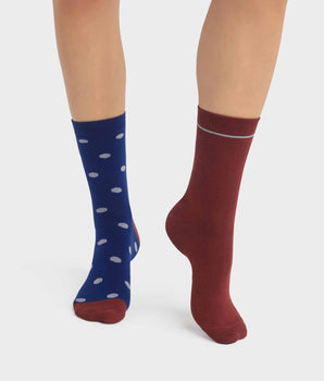 Pack of 2 pairs of women's polka dot socks in Blue, Red Dim Cotton Style