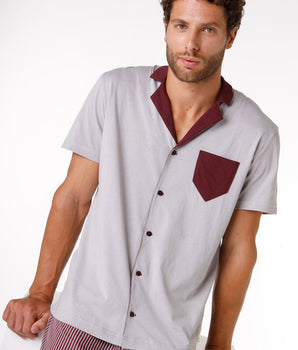 Men's short pyjamas in 100 % cotton, grey and burgundy