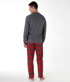 Men's long pyjamas in cotton interlock and flannel, grey and red