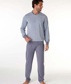 Men's long pyjamas in warm marled blue fabric