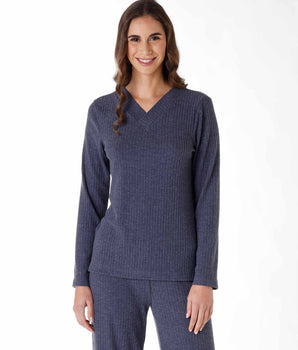 Women's long pyjamas in warm grey-blue ribbing