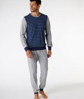 Men's jersey long pyjamas, striped blue and grey