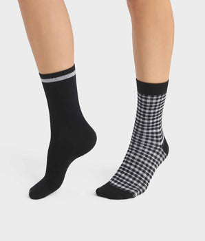 Pack of 2 pairs of women's gingham pattern socks in Black Dim Cotton Style