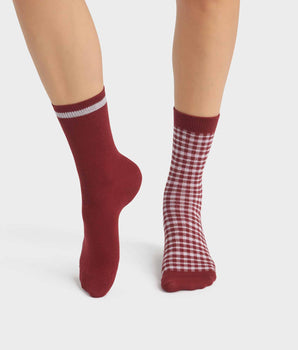 Pack of 2 pairs of women's socks with gingham pattern in red Dim Cotton Style