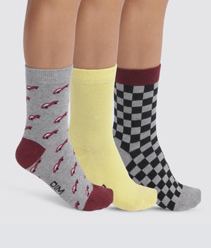 Pack of 3 pairs of checkered children's socks in Gray Yellow Cotton Style