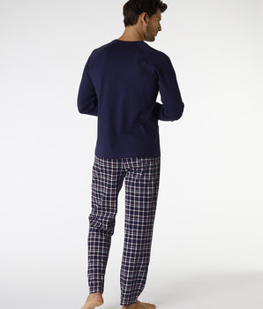 Men's cotton pyjamas in navy blue and check print