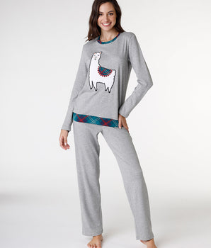 Women's long pyjamas in mottled grey cotton with print