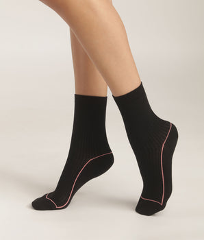 Women's ribbed cotton socks Black with coloured piping Dim Fashion