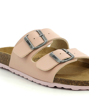 Pair of light pink leather and cork mules for women