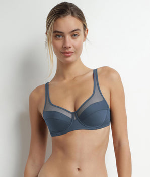 Women's microfiber and tulle full-coverage bra, Blue Dim Generous