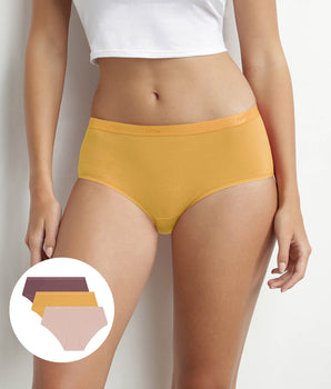 Pack of 3 stretch cotton women's boxers, Yellow, Brown Les Pockets Ecodim