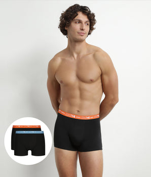 Pack of 2 Men's Black Boxers with Blue and Orange Dim Cotton Stretch Waistband